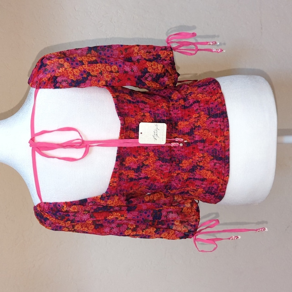 Free People Back on Top Smocked Hot Pink Combo Crop Top Size Medium - Picture 8 of 10